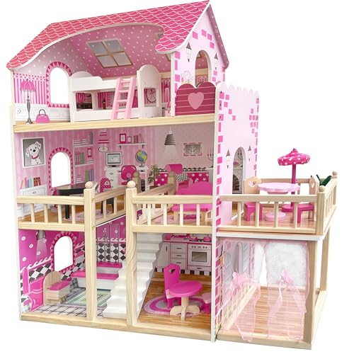 4iQ Group Puppenhaus aus Holz 90x30x82cm - Puppenhaus ab 3 Jahre Mädchen - Groß Haus XXL mit 3 Etagen und Balkon - Dollhouse mit Möbeln und Zubehör von 4IQ Group