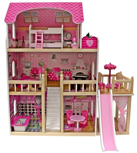 4iQ Group Puppenhaus aus Holz 90x30x82cm - Puppenhaus ab 3 Jahre Mädchen - Puppenhaus Groß XXL mit 3 etagen und Rutsche - Dollhouse mit Möbeln und Zubehör, ZAB000027, Rosa 4iQ Group Puppenhaus aus Holz 90x30x82cm - Puppenhaus ab 3 Jahre Mädchen - Puppenhaus Groß XXL mit 3 etagen und Rutsche - Dollhouse mit Möbeln und Zubehör, ZAB000027, Rosa von 4IQ Group