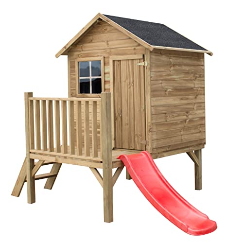 Gartenhaus Kinder mit Rutsche - Spielhaus Kinder Outdoor - Aus Imprägniertem Gehobeltem Kiefernholz - Originell und Einzigartig Gartenspielhaus (Rote Rutsche) von 4IQ Group