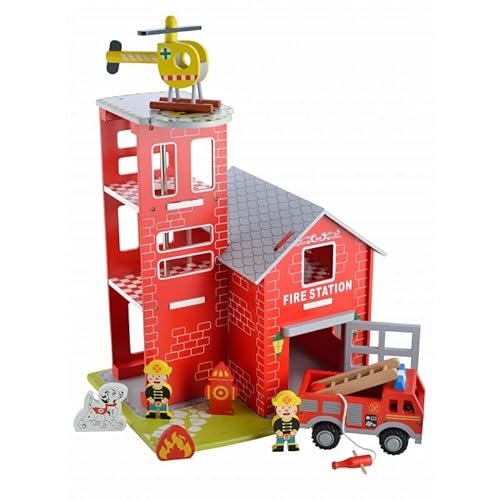 4IQ Group Feuerwehrstation Holz Set - Feuerwehr Spielzeug ab 3 Jahre - Feuerwache mit Feuerwehrauto und Zubehör von 4IQ Group