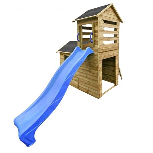 4IQ Group Spielhaus Kinder Outdoor Holzhaus 118 x 248 cm - Gartenhaus Kinder Spielturm mit Rutsche - Spielhäuser aus Naturmaterial - Garten Spielhaus Modularer Aufbau (Blaue Rutsche) von 4IQ Group