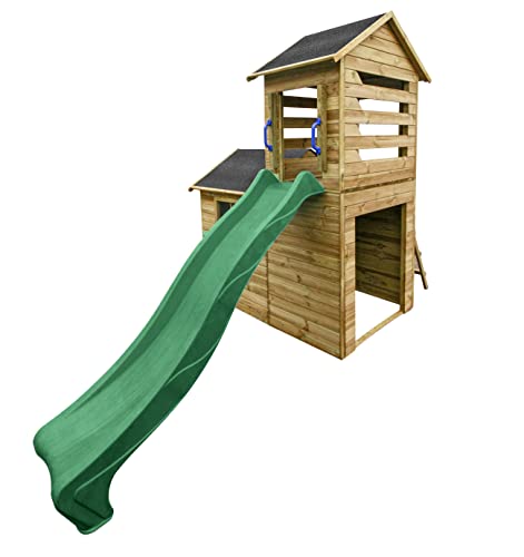 4IQ Group Spielhaus Kinder Outdoor Holzhaus 118 x 248 cm - Gartenhaus Kinder Spielturm mit Rutsche - Spielhäuser aus Naturmaterial - Garten Spielhaus Modularer Aufbau (Dunkelgrüne Rutsche) von 4IQ Group