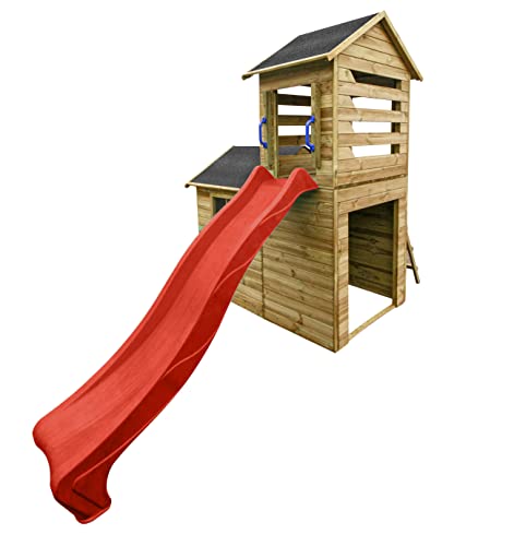 4IQ Group Spielhaus Kinder Outdoor Holzhaus 118 x 248 cm - Gartenhaus Kinder Spielturm mit Rutsche - Spielhäuser aus Naturmaterial - Garten Spielhaus Modularer Aufbau (Rote Rutsche) von 4IQ Group