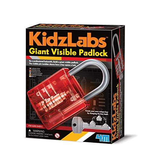 4M - 68699 - KidzLabs - Großes Vorhängeschloss - wie funktioniert EIN Schloss, Experimentierkasten, professioneller Schlosser ​- Rot transparent - für Kinder ab 5 Jahr von 4M