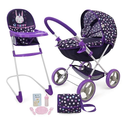 509 Crew Doll Pram n Feed 8 Piece Combo Play Set, Classic Doll Pram, Doll High Chair, Diaper Bag, 5 Piece Feeding Toys, for Dolls 46cm, Pretend Play for Kids Ages 3+ (Bunnicorn) von 509