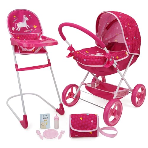 509 Crew Doll Pram n Feed 8 Piece Combo Play Set, Classic Doll Pram, Doll High Chair, Diaper Bag, 5 Piece Feeding Toys, for Dolls 46cm, Pretend Play for Kids Ages 3+ von 509