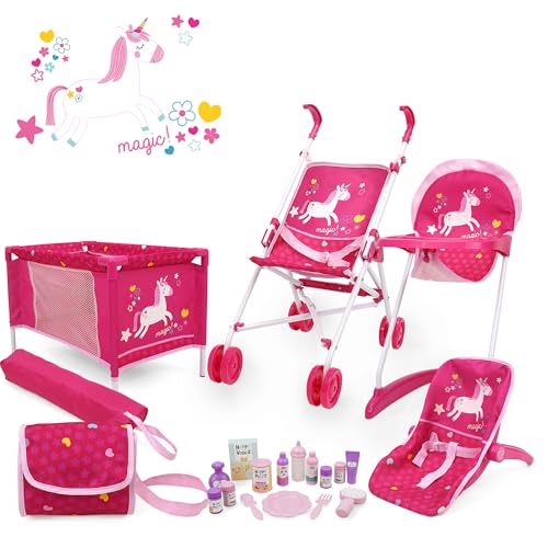 509 Crew 21 Piece Doll Stroll n Play & Care Combo Set, Doll Stroller, Doll Playard, Doll High Chair Set, Carry Cot, Diaper Bag, Feeding and Grooming Accessories, Ages 3+ von 509