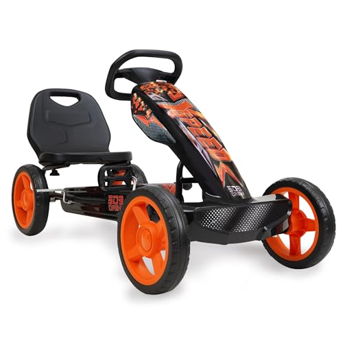 509 Crew XSpeed ​​Pedal Go-Kart – orange, Tretauto, sportliche Grafik auf der Frontverkleidung, verstellbarer Sitz, 4-Speichen-Felgen 25 cm 10" EVA-Rädern, sportliches Lenkrad, Handbremse, ab 4 Jahren von 509