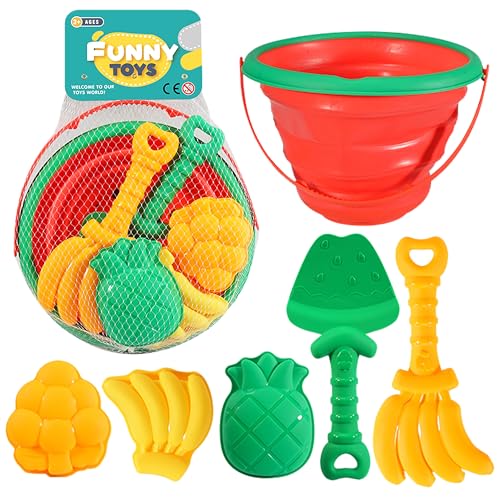 A-SZCXTOP 6 Stück Strandspielzeug Set für Kinder & Kleinkinder,Sandwerkzeug-Set der Fruit-Serie,Reise-Sandkastenspielzeug für Jungen Mädchen,Inklusive Faltbarer Eimer,Schaufeln,Sandformen von A-SZCXTOP