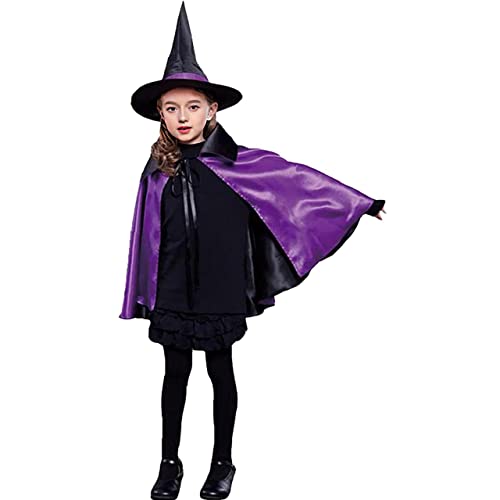A-SZCXTOP Halloween-Hexen-Zauberer-Umhang mit Hut für Kinder oder Erwachsene, Mädchen oder Damen, Maskerade, Party, Cosplay-Kostüme (70 cm für Kinder, lila + schwarz) von A-SZCXTOP