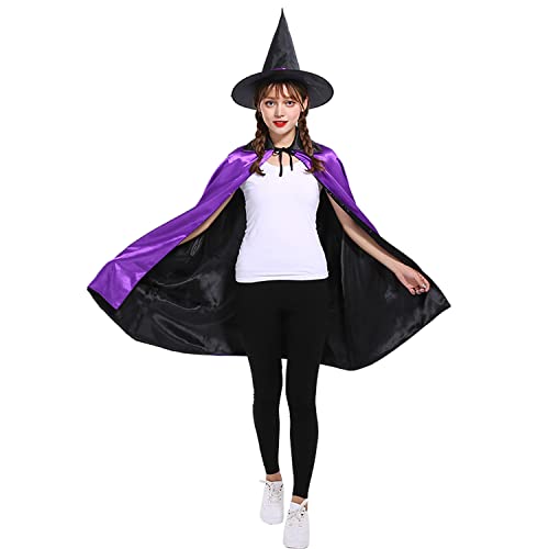 A-SZCXTOP Halloween-Hexen-Zauberer, wendbarer Umhang mit Hut für Kinder oder Erwachsene, Mädchen oder Frauen, Maskerade, Party, Cosplay, Kostüme (90 cm, für Erwachsene, lila + schwarz) von A-SZCXTOP