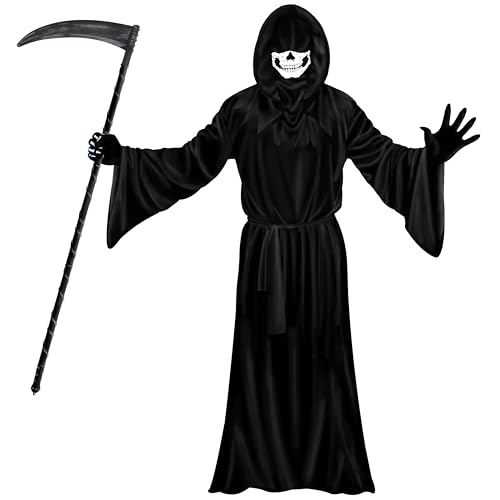 A-SZCXTOP Sensenmann-Kostüm-Set für Herren und Erwachsene, Halloween, gruseliger Geist, Phantom, Cosplay, Maskerade, Tunika-Kostüm mit Sense, Handschuhen und Kapuze, Schwarz, 150 cm, für Kinder ab 14 A-SZCXTOP Sensenmann-Kostüm-Set für Herren und Erwachsene, Halloween, gruseliger Geist, Phantom, Cosplay, Maskerade, Tunika-Kostüm mit Sense, Handschuhen und Kapuze, Schwarz, 150 cm, für Kinder ab 14 von A-SZCXTOP