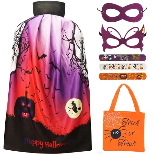 Halloween-Vampirumhang, Hexen-Stehkragen Cape für Kinder von 5–12 Jahren, Cosplay-Kostüm mit Maske & Armbändern & Taschen für Jungen & Mädchen (Lila Fledermaus, 80 cm für Kinder von 5–12 Jahren) von A-SZCXTOP