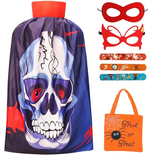 Halloween-Vampirumhang, Hexen-Stehkragen Cape für Kinder von 5–12 Jahren, Cosplay-Kostüm mit Maske & Armbändern & Taschen für Jungen & Mädchen (Roter Totenkopf, 80 cm für Kinder von 5–12 Jahren) von A-SZCXTOP