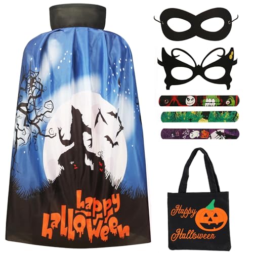Halloween-Vampirumhang, Hexen-Stehkragen Cape für Kinder von 5–12 Jahren, Cosplay-Kostüm mit Maske & Armbändern & Taschen für Jungen & Mädchen (Schwarze Fledermaus, 80 cm für Kinder von 5–12 Jahren) von A-SZCXTOP
