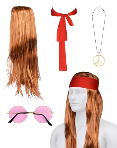 70er Jahre Hippie Kostüm Set, 4tgl. 80er Jahre Hippie Kostüm Herren Damen: Perücke, Stirnband, Halskette und Sonnenbrille, Hippie Zubehör für Themenparty Mottoparty Fasching Karneval Halloween 70er Jahre Hippie Kostüm Set, 4tgl. 80er Jahre Hippie Kostüm Herren Damen: Perücke, Stirnband, Halskette und Sonnenbrille, Hippie Zubehör für Themenparty Mottoparty Fasching Karneval Halloween von A aBlumen