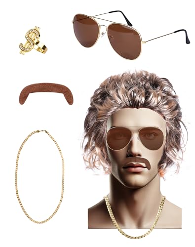 80er Kostüm Herren Outfit Herren Perücken Kostüm Set, 70er Jahre Outfit Herren - Perücke Herren, Pilotenbrille, Schnurrbart, Goldkette & Ring, Kostüme für Mottoparty Fasching Karneval Halloween 80er Kostüm Herren Outfit Herren Perücken Kostüm Set, 70er Jahre Outfit Herren - Perücke Herren, Pilotenbrille, Schnurrbart, Goldkette & Ring, Kostüme für Mottoparty Fasching Karneval Halloween von A aBlumen