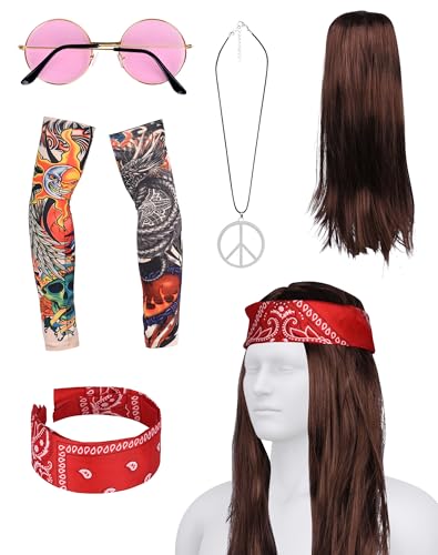 70er Jahre Hippie Kostüm Set, 5tgl. 80er Jahre Hippie Kostüm Herren Damen: Perücke, Stirnband, Halskette, Sonnenbrille, Ärmel, Hippie Zubehör für Themenparty Mottoparty Fasching Karneval Halloween 70er Jahre Hippie Kostüm Set, 5tgl. 80er Jahre Hippie Kostüm Herren Damen: Perücke, Stirnband, Halskette, Sonnenbrille, Ärmel, Hippie Zubehör für Themenparty Mottoparty Fasching Karneval Halloween von A aBlumen