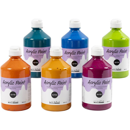 Glitter-Acrylfarbe, Sortierte Farben, 6x500 ml/ 1 Pck von A-color