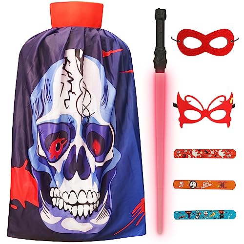 Halloween-Superhelden-Umhang-Set für Kinder, Cosplay-Kostüme, Stehkragen-Umhang mit Lichtschwert und Maske und Armbändern für Jungen und Mädchen (Roter Schädel) von A-SZCXTOP