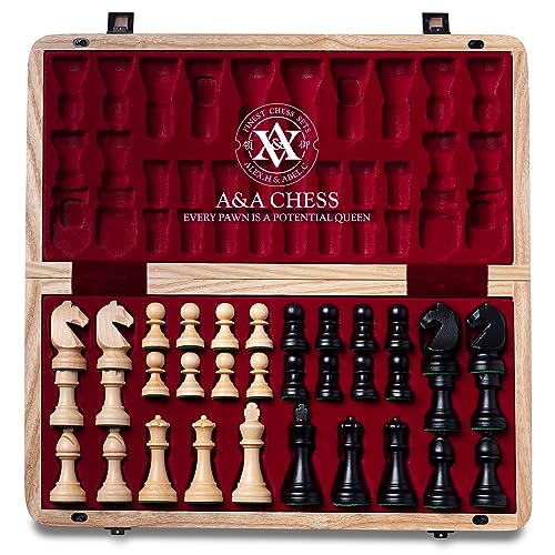 A&A 15 inch Wooden Folding Chess Set w/ 3 inch King Height Staunton Chess Pieces / 2 Extra Queens - Natural European Ash Wood w/Storage Bag von A&A