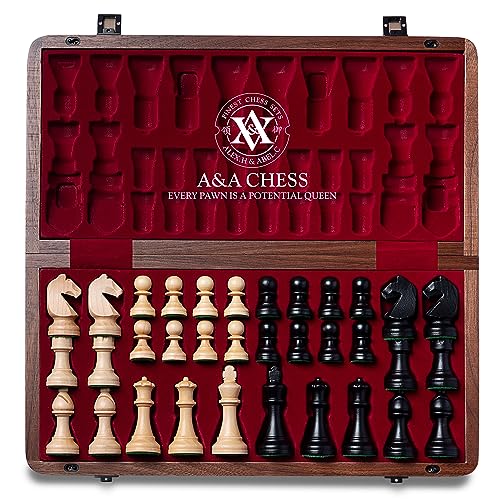 A&A 15 inch Wooden Folding Chess Set w/ 3 inch King Height Staunton Chess Pieces / 2 Extra Queens - Natural Walnut Wood w/Storage Bag von A&A