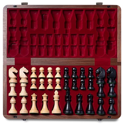 A&A 15 inch Wooden Folding Chess Set w/ 3 inch King Height Staunton Chess Pieces / 2 Extra Queens - Natural Walnut Wood w/Storage Bag von A&A