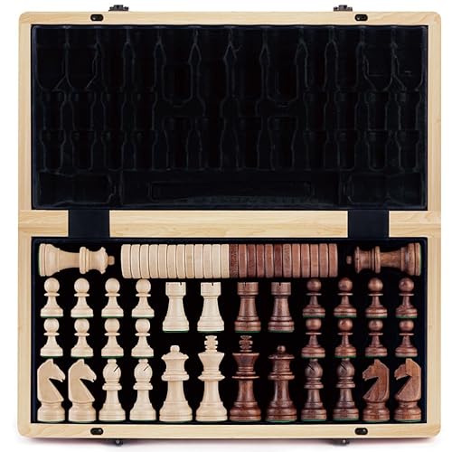 A&A 15 inch Wooden Folding Chess & Checkers Set w/ 3 inch King Height Staunton Chess Pieces / 2 Extra Queens… von A&A