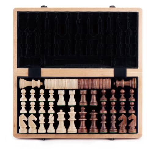 A&A 15 inch Wooden Folding Chess & Checkers Set w/ 3 inch King Height Staunton Chess Pieces / 2 Extra Queens… von A&A
