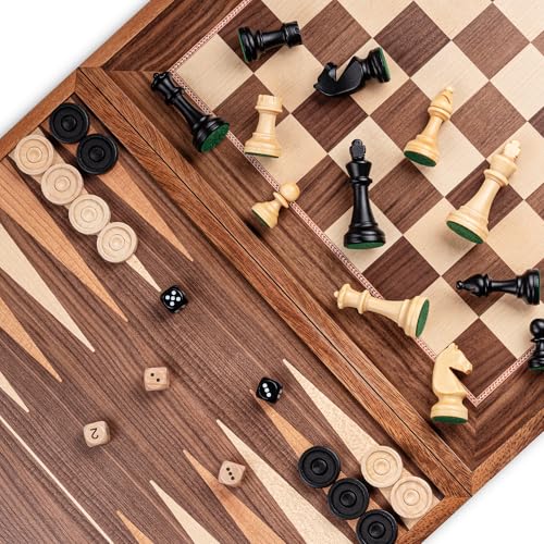 A&A Deluxe 3-in-1-Holz-Backgammon-Schachspiel mit Dame / 3" King Height Staunton Schachfiguren / Walnuss-Box mit Kirschholz- und Ahorn-Inlay / 2 zusätzliche Queen / Klassische Brettspiele A&A Deluxe 3-in-1-Holz-Backgammon-Schachspiel mit Dame / 3" King Height Staunton Schachfiguren / Walnuss-Box mit Kirschholz- und Ahorn-Inlay / 2 zusätzliche Queen / Klassische Brettspiele von A&A