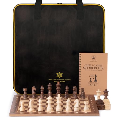 A&A Professionelles Turnier-Schachbrett aus Holz, Walnuss, W/9,5 cm Premium dreifach gewichtete Holzschachfiguren, mit Tasche, Schachzählheft von A&A