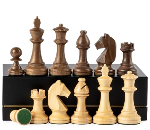 A&A Staunton-Schachfiguren aus Holz, dreifach gewichtet, mit 2 extra Queensize-Betten, Kingsize-Höhe 9,5 cm, 2 Aufbewahrungstaschen, natürliches Walnussholz von A&A