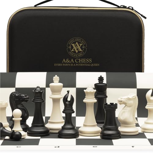 A&A Turnier-Schachspiel / 51 cm * 51 cm (20 "* 20") faltbares Silikon-Schachbrett / 9,6 cm (3,75 '') Königshöhe Kunststoff vierfach gewichtete klassische Staunton-Figuren/Aufbewahrungstasche von A&A
