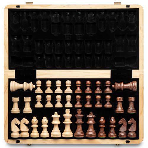 A&A Magnetisches Schach-Set aus Holz, 38,1 cm, klappbares Brett, 7,6 cm, Königshöhe Deutscher Ritter Staunton Schachfiguren/2 extra Königin/Brettspiele von A&A