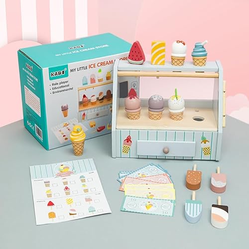 My Little Ice Cream Store-Holz Eisdielen-Spielset für Kinder, Rollenspiel Kaufladen mit Zubehör, Lernspielzeug mit Menükarte und Spielgeld von A&J Enterprise