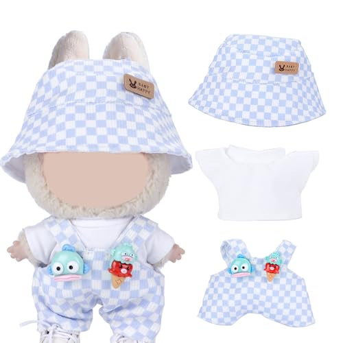 Bekleidung für 17cm Plüsch, Puppenkleidung für Generation 1/2/3 Puppe, Niedliches Puppen Outfit für La-bu, Cord-Mütze, Shirt & Latzhose (Blau) von A.S.Marelis