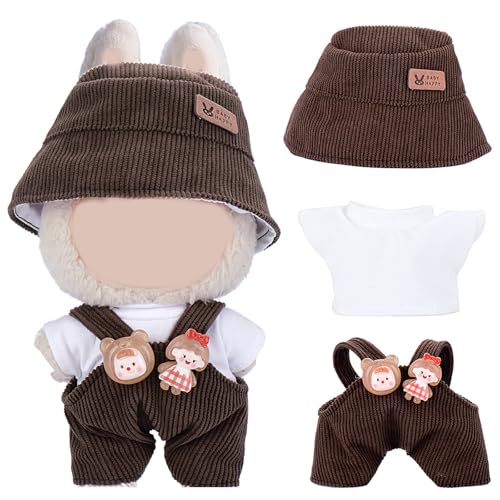 Bekleidung für 17cm Plüsch, Puppenkleidung für Generation 1/2/3 Puppe, Niedliches Puppen Outfit für La-bu, Cord-Mütze, Shirt & Latzhose (Braun) von A.S.Marelis