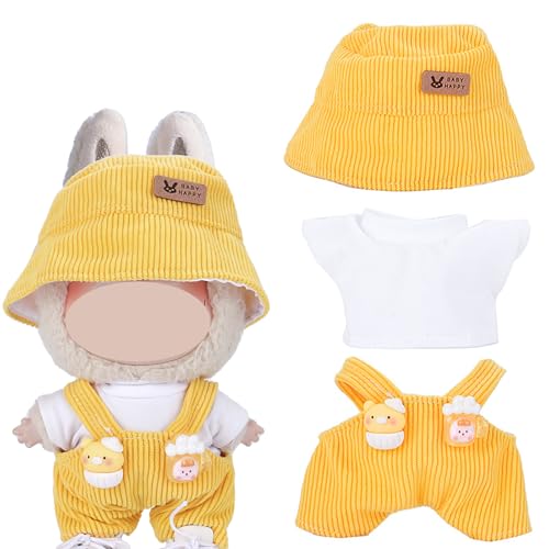 Bekleidung für 17cm Plüsch, Puppenkleidung für Generation 1/2/3 Puppe, Niedliches Puppen Outfit für La-bu, Cord-Mütze, Shirt & Latzhose (Gelb) von A.S.Marelis