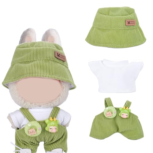 Bekleidung für 17cm Plüsch, Puppenkleidung für Generation 1/2/3 Puppe, Niedliches Puppen Outfit für La-bu, Cord-Mütze, Shirt & Latzhose (Grün) von A.S.Marelis