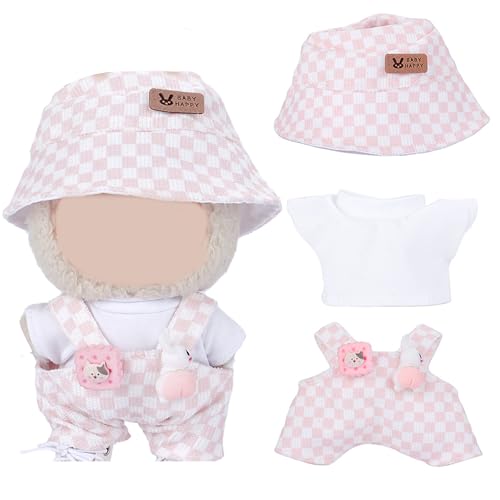 Bekleidung für 17cm Plüsch, Puppenkleidung für Generation 1/2/3 Puppe, Niedliches Puppen Outfit für La-bu, Cord-Mütze, Shirt & Latzhose (Rosa) von A.S.Marelis