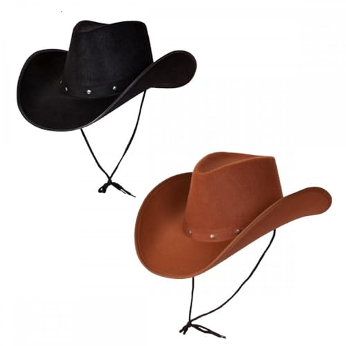 2 Stück Texanische Cowboyhüte (1 x schwarz, 1 x braun): Erwachsene Unisex Wilder Westen Western Cowgirl Kostüm Zubehör Set von A2ZFD