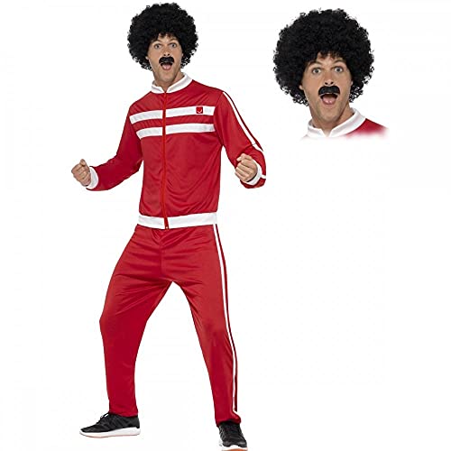 A2ZFD Herren-Trainingsanzug mit Perücke und Tash: 80er-Jahre-Retro-Kostüm, Größe M (96,5 - 101,6 cm), Rot, Größe M (96,5 - 101,6 cm) von A2ZFD