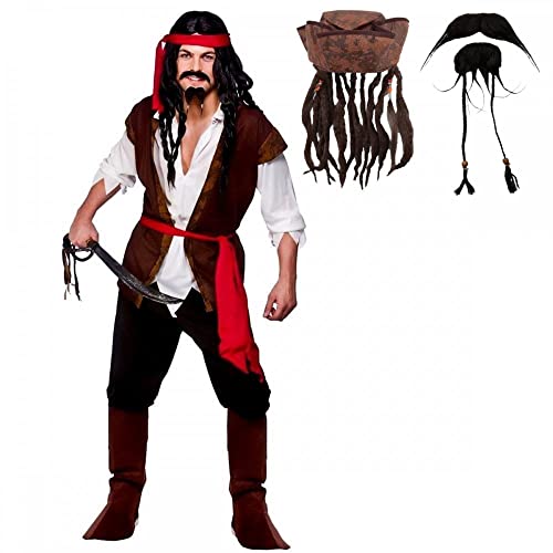 Erwachsenenkostüm für Herren, Karibik-Jack-Piratenkostüm + Hut mit Haaren & Perlen + Bart & Tash (Brustumfang 111,8 cm) von A2ZFD