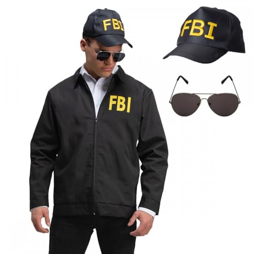 FBI Set mit Jacke und Mütze und Piloten-Sonnenbrille: Unisex, für Herren und Damen, Spezialagent, Polizisteam-Kostüm, Größe L von A2ZFD