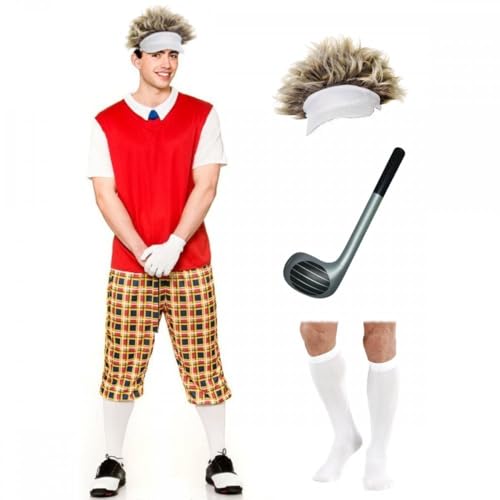 Lustiges Golfer-Kostüm für Erwachsene und Herren, inklusive Zubehör: Uni, Damen, Sport, Junggesellinnenabschied, Pub, Party, Verkleidung (Kostüm, Socken, Visier/Haare und Golfschläger, Größe L (bis Lustiges Golfer-Kostüm für Erwachsene und Herren, inklusive Zubehör: Uni, Damen, Sport, Junggesellinnenabschied, Pub, Party, Verkleidung (Kostüm, Socken, Visier/Haare und Golfschläger, Größe L (bis von A2ZFD