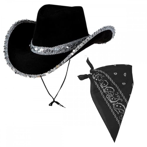Schwarzer texanischer Cowgirl-Hut mit Pailletten + schwarzes Bandana: Erwachsene, Damen, Junggesellinnenabschied, Wilder Westen, Cowboy, Musikfestival, Pop-Tour, Kostüm-Zubehör Schwarzer texanischer Cowgirl-Hut mit Pailletten + schwarzes Bandana: Erwachsene, Damen, Junggesellinnenabschied, Wilder Westen, Cowboy, Musikfestival, Pop-Tour, Kostüm-Zubehör von A2ZFD