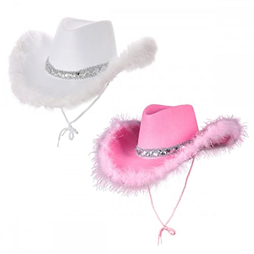Texanische Cowgirl-Hüte mit Marabufeder (1 x rosa und 1 x weiß) für Erwachsene, Rodeo-Cowboy-Kostüm-Zubehör-Set, 2 Stück von A2ZFD