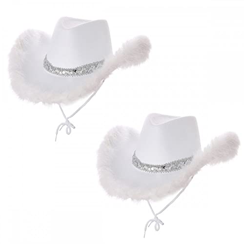 Texanische Cowgirl-Mütze, Weiß, mit Pailletten und Marabu-Feder, 2 Stück von A2ZFD