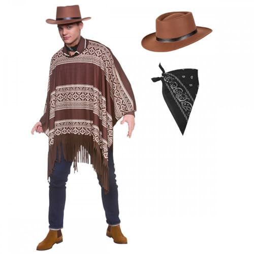 Western-Cowboy-Poncho + Gunslinger-Hut + schwarzes Bandana: Erwachsene Wild West Drifter Gunman Herren Kostüm Western-Cowboy-Poncho + Gunslinger-Hut + schwarzes Bandana: Erwachsene Wild West Drifter Gunman Herren Kostüm von A2ZFD
