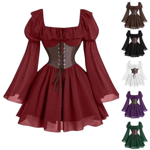 AACH Damen Kleid Mittelalterliches Kleidung Langarm Vintage Minikleid Gothic Retro Verbandkleid Viktorianisches Renaissance Kostüm mit Ausgestellten Ärmeln Partykleid Chiffon Halloween Kleider von AACH